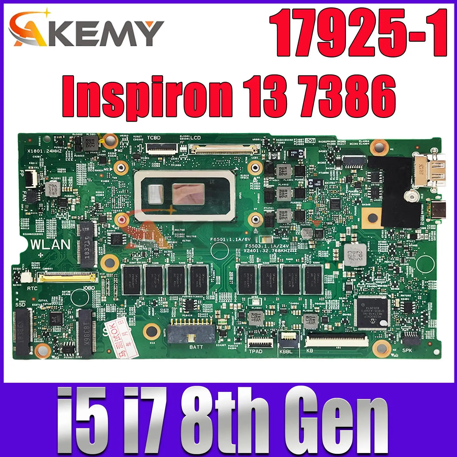 17925-1 Už DELL Inspiron 13 7386 Nešiojamojo kompiuterio pagrindinę Plokštę Su I5-8265U I7-8565U CPU 8G RAM Mainboard KN-02CF17 KN-0NDK8H KN-0V86CW