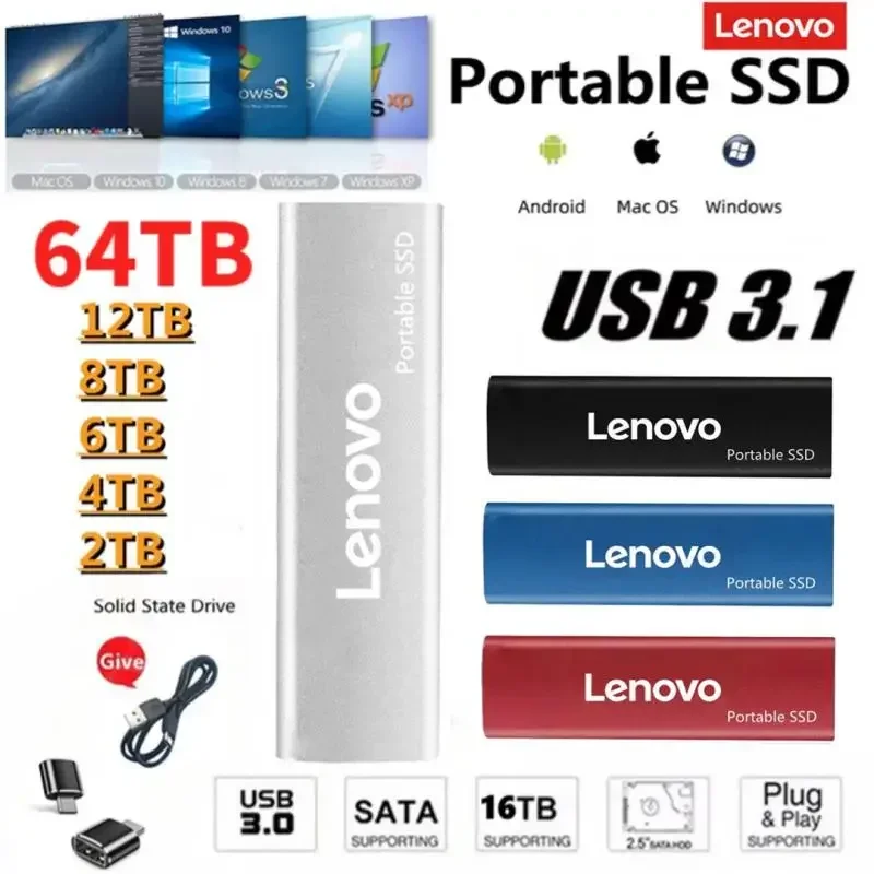 Lenovo Išorinis Kietasis Diskas 2TB Nešiojamų SSD 1tb talpos USB 3.1/Tipas-C Kietojo Kietajame Diske Didelės Spartos Saugojimo Prietaisas Nešiojamieji kompiuteriai/Deskt