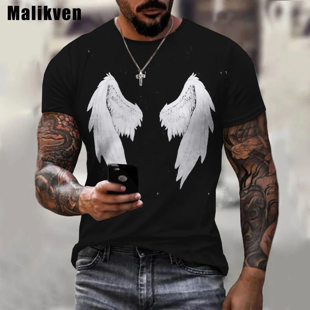 Mados Cool 3D Vyrų T-shirt Fallen Angel Marškinėlius Sparnus Spausdinti Viršūnes Atsitiktinis, O Kaklas Trumpas Rankovės Harajuku Marškinėliai