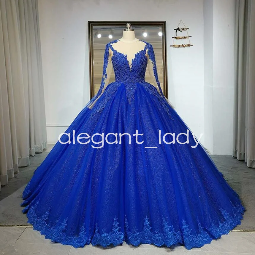 Royal Blue Vien Kaklo Kamuolys Suknelė Prom Dresses Gillter Tutu Sijonas Nėrinių Aplikacijos Iliuzija Ilgomis Rankovėmis Vakare Gimtadienio Suknelė