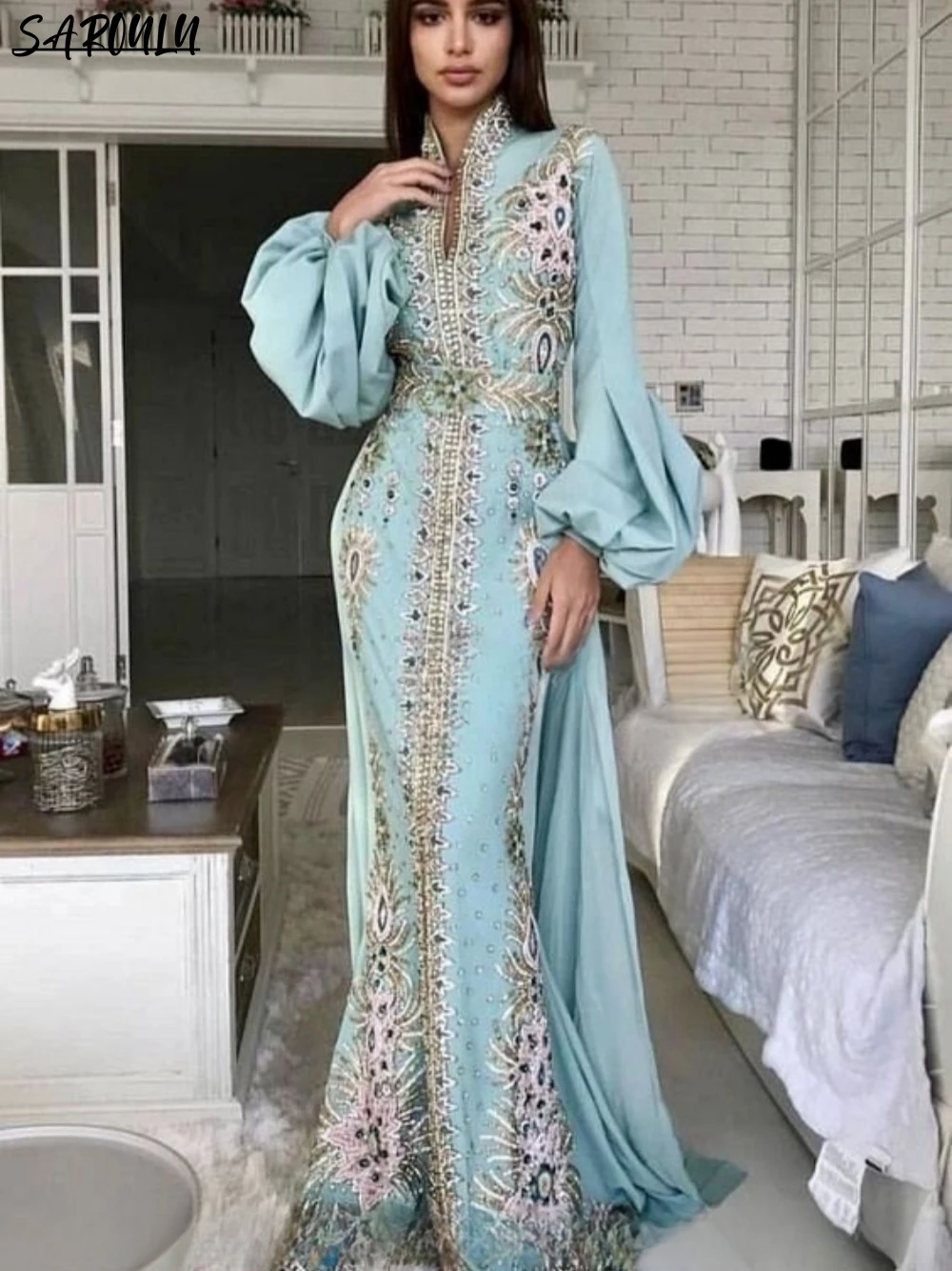 Caftan Dress Ilgomis Rankovėmis Saudo Promenadzie Suknelė Dubajus Maroko Kaftan Elegantiškas V Kaklo Undinė Vakarinę Suknelę Arabų Moterų Oficialų Suknelė